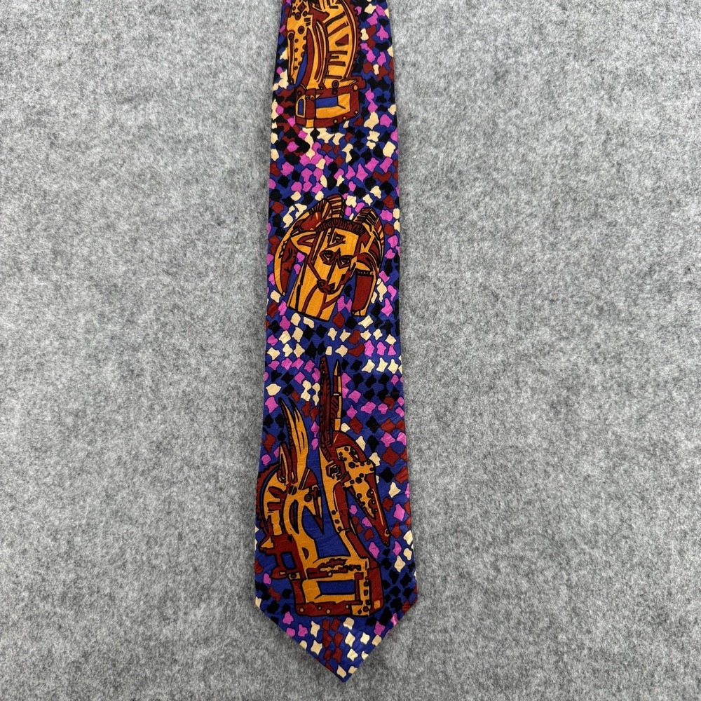 RM Style Dayo Alakija Antelope Silk Tie Mens African Mask Art Purple Blue Italy